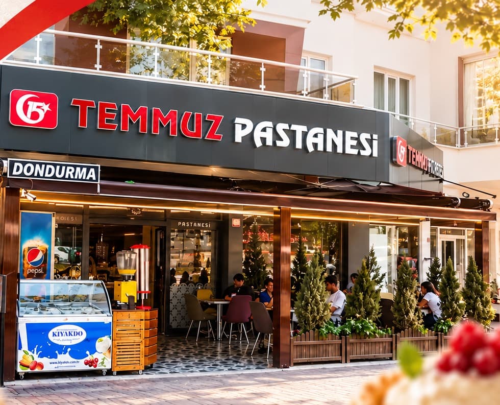 Fetih Caddesi'ndeki 15 Temmuz Pastanesi'nin önü; dondurma tezgâhı ve dışarıdaki masalar
